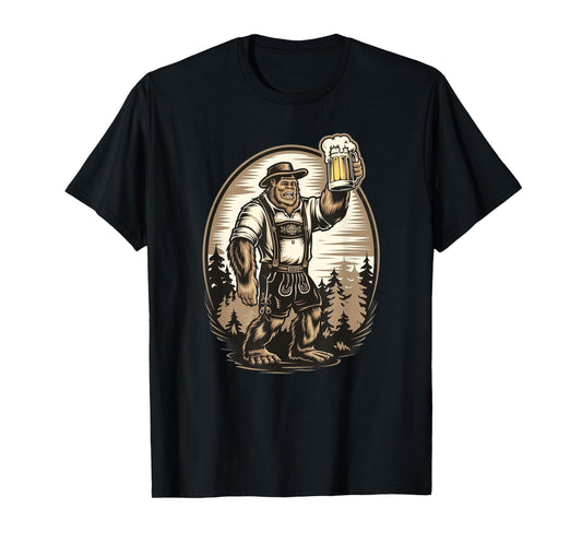 Bigfoot in Lederhosen Oktoberfest German Beer Tee. T-Shirt