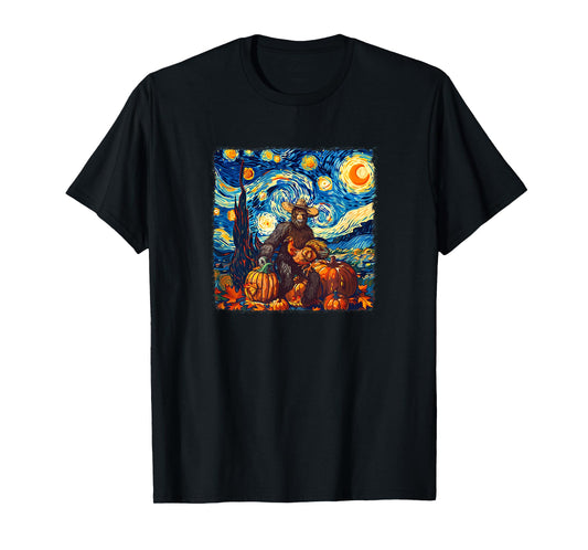 Funny Bigfoot Pilgrim Turkey Pumpkin Thanksgiving Van Gogh T-Shirt