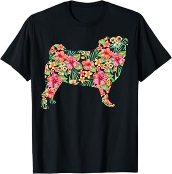 Pug Flower Funny Dog Silhouette Floral Gifts Women Men T-Shirt