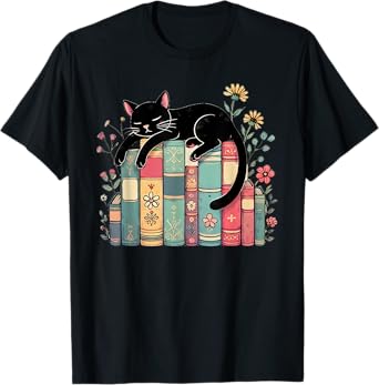 Floral Black Cat Sleeping On Books T-Shirt for Men Women Kids