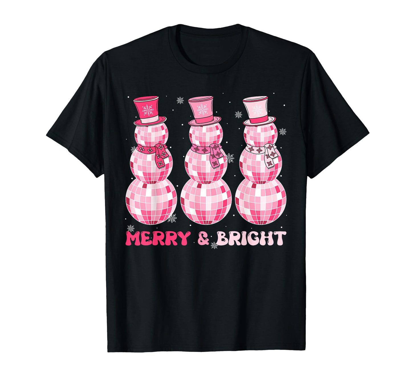 Retro Merry Bright Pink Disco Snowman Christmas Santa Funny T-Shirt