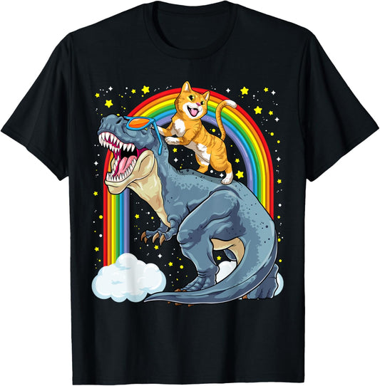 Cat Riding Dinosaur T-Rex Kitten Rainbow Dino Funny T-Shirt