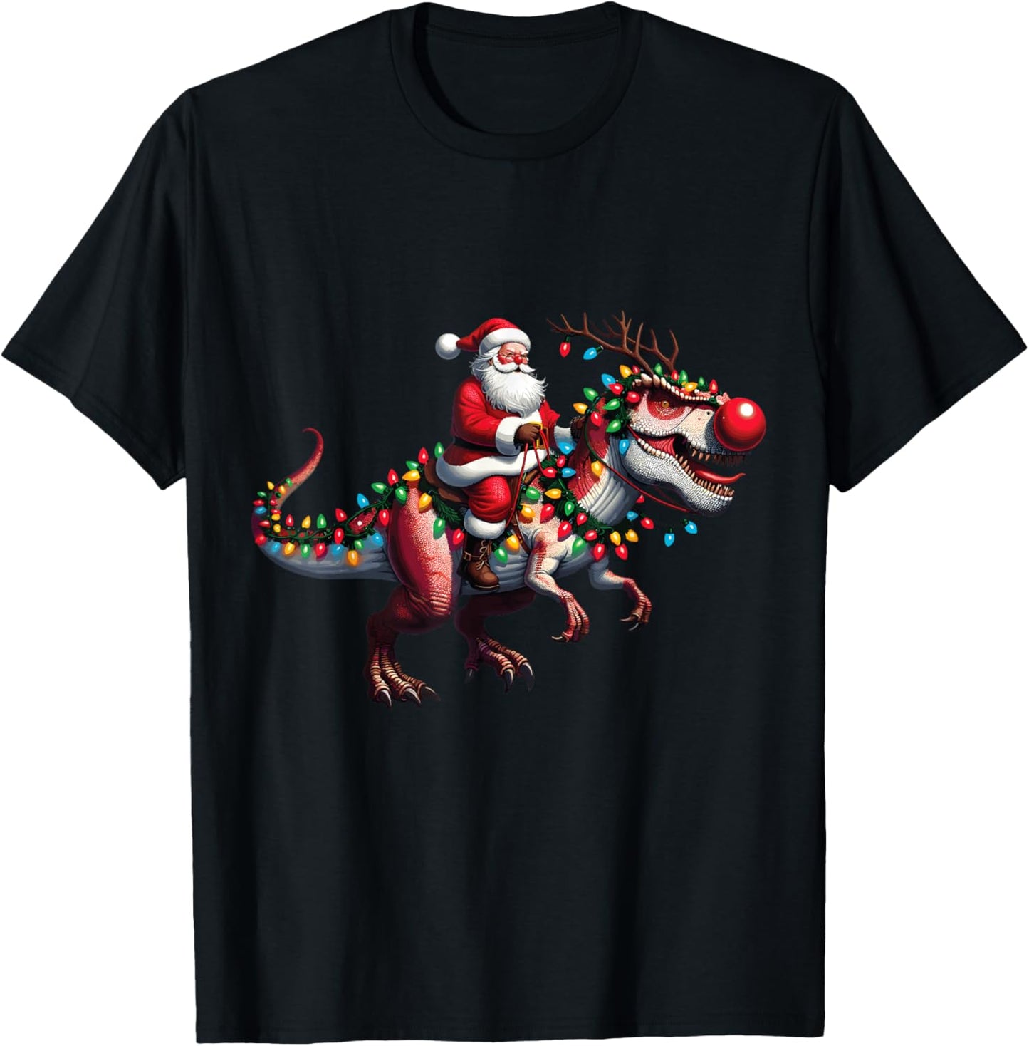 Funny Santa Riding A Reindeer Dinosaur Christmas T-Shirt