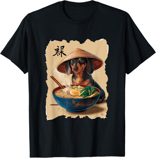 Men Woman Kawaii Eating Ramen Japanese Dachshund T-shirt