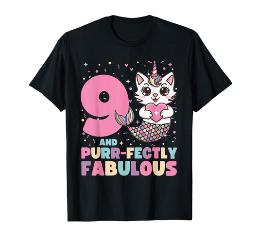 9th Birthday 9 Years Old Mermaid Unicorn Cat Girls Unicorn T-Shirt