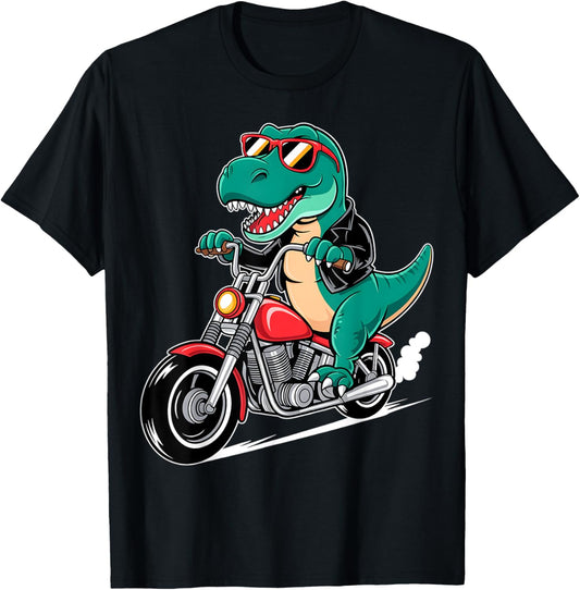 Dinosaur on Motorcycle Riding Biker Bike Graphic Men Boys T-Shirt