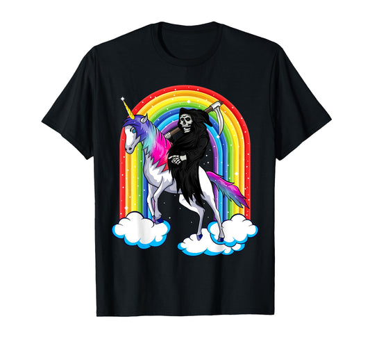 Grim Reaper Skull Riding An Unicorn, Death Unicorn Halloween T-Shirt