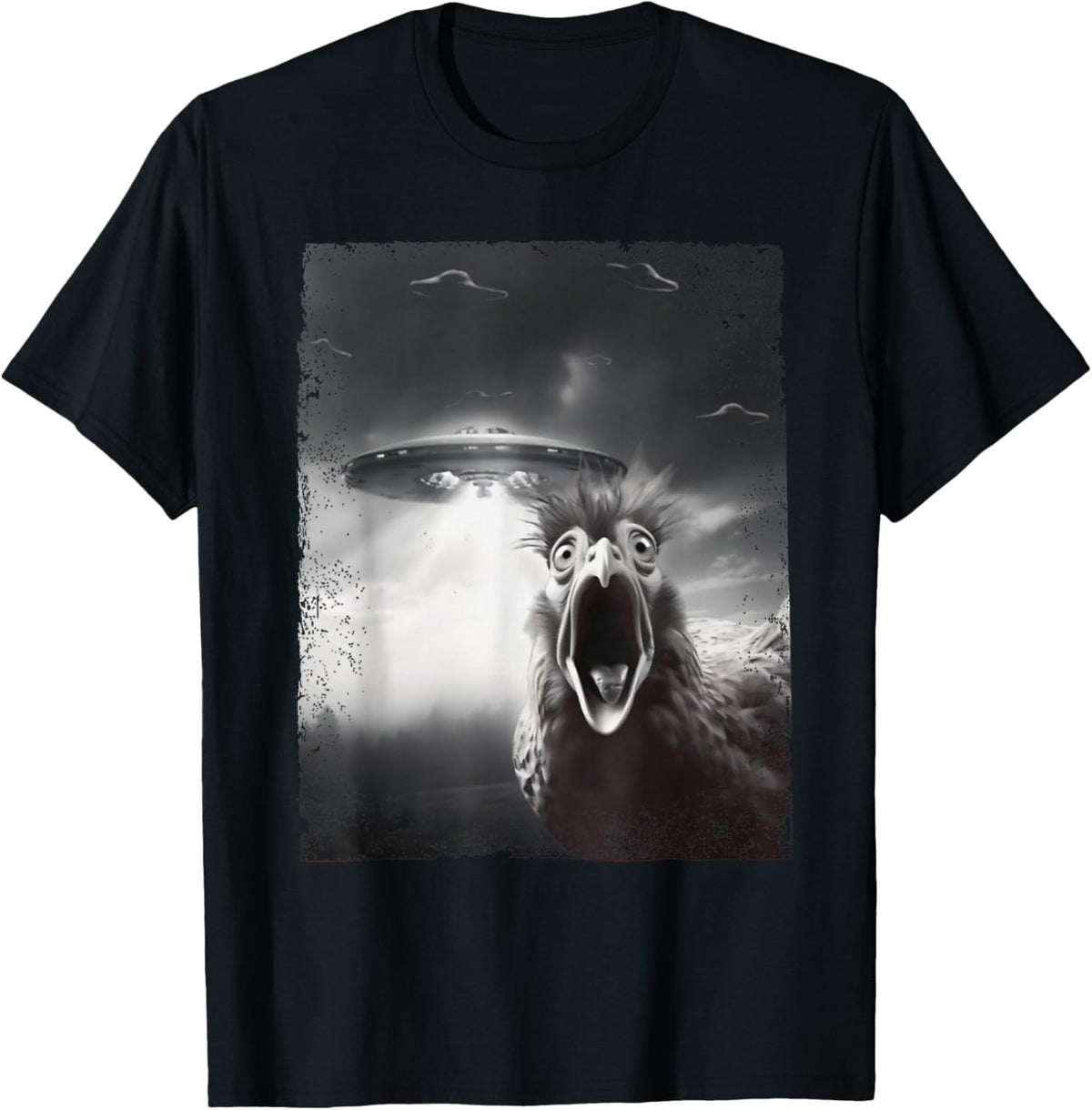 Funny Alien UFO Graphic Tee Chicken Selfie with UFOs Weird T-Shirt