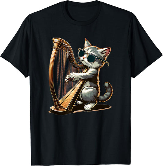 Musician Harpist Cat Wearing Sunglasses Cat Playing Harp T-Shirt