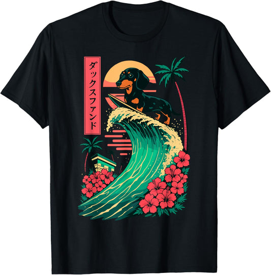 Dachshund Surfing Japanese Great Wave T-Shirt