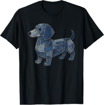 Dog Pattern Denim Patchwork Sausage Wiener Dachshund Tee T-Shirt for Men Women Kids