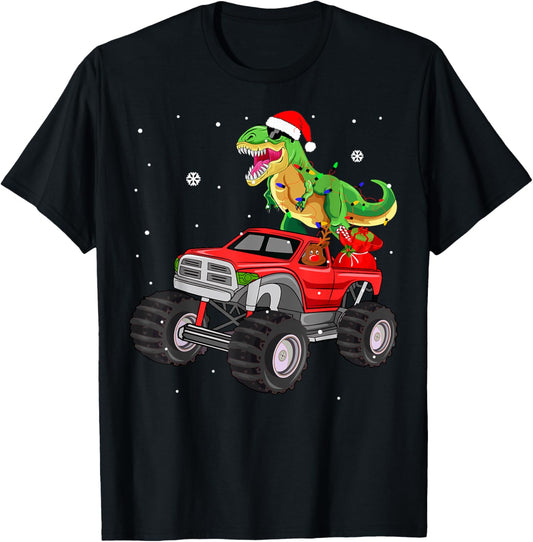 Christmas t rex dinosaur truck Monster santa Pajama xmas kid T-Shirt