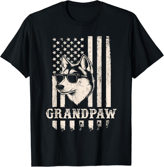 Grandpaw Husky American Flag Sunglasses Retro Dog Grandpa T-Shirt