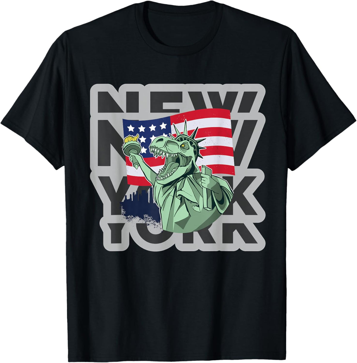 NYC New York City Skylines statue of liberty Growl Dinosaur T-Shirt