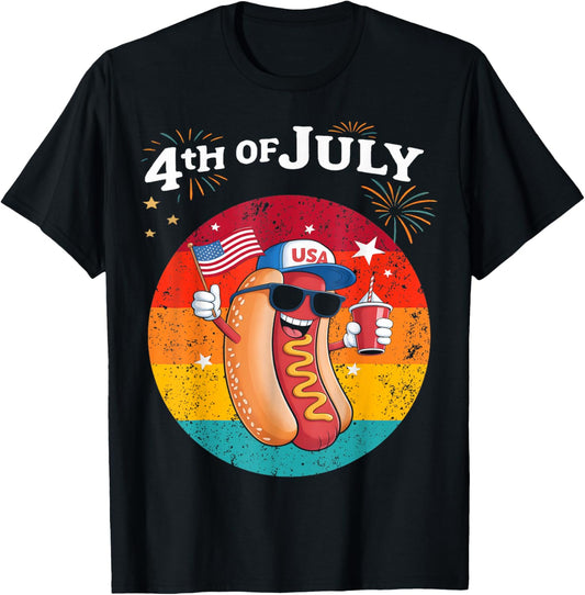 Retro 4th of July Hotdog Funny Vintage July USA Flag T-Shirt
