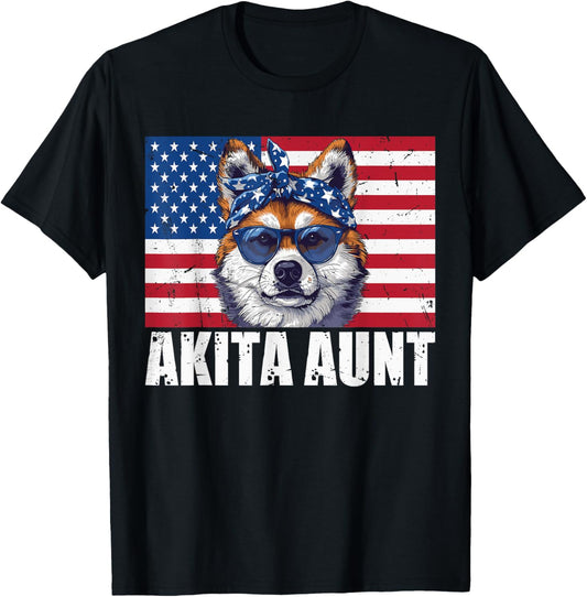 Akita Aunt American Flag Puppy Lover Dog Owner 4th of July T-Shirt