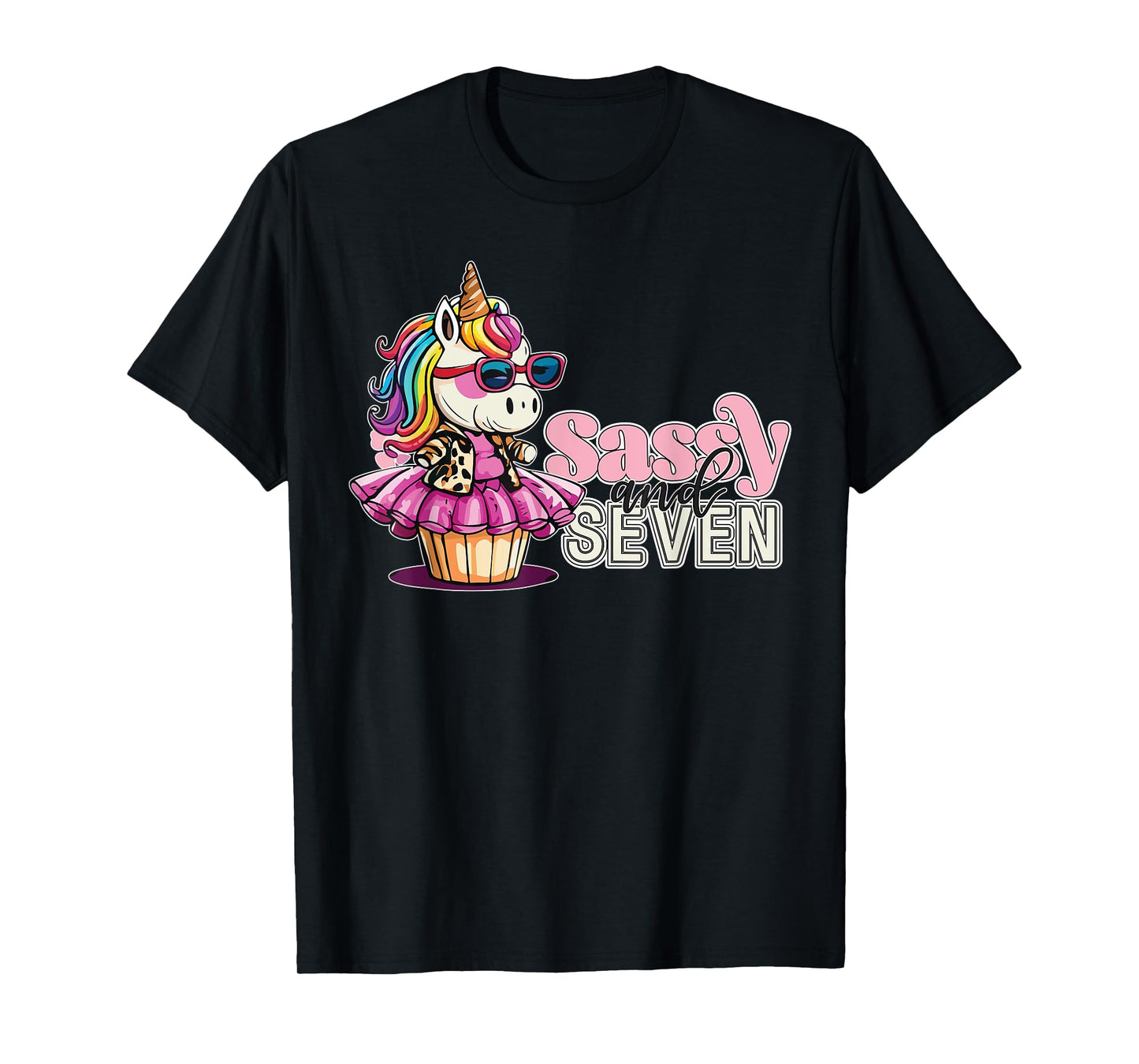 Girls Sassy and Seven 7th Birthday Unicorn Age 7 Cupcake T-Shirt