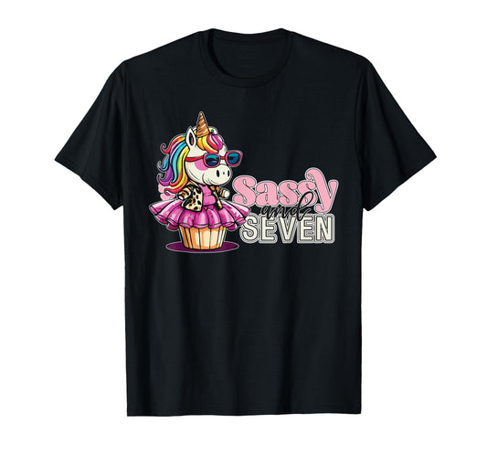 Girls Sassy and Seven 7th Birthday Unicorn Age 7 Cupcake T-Shirt
