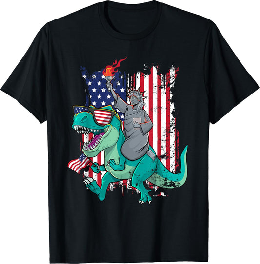 Fourth of July Funny Statue of Liberty Riding Dinosaur T-Rex T-Shirt