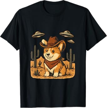 Vintage Western Corgi with UFO and Cowboy Hat T-Shirt
