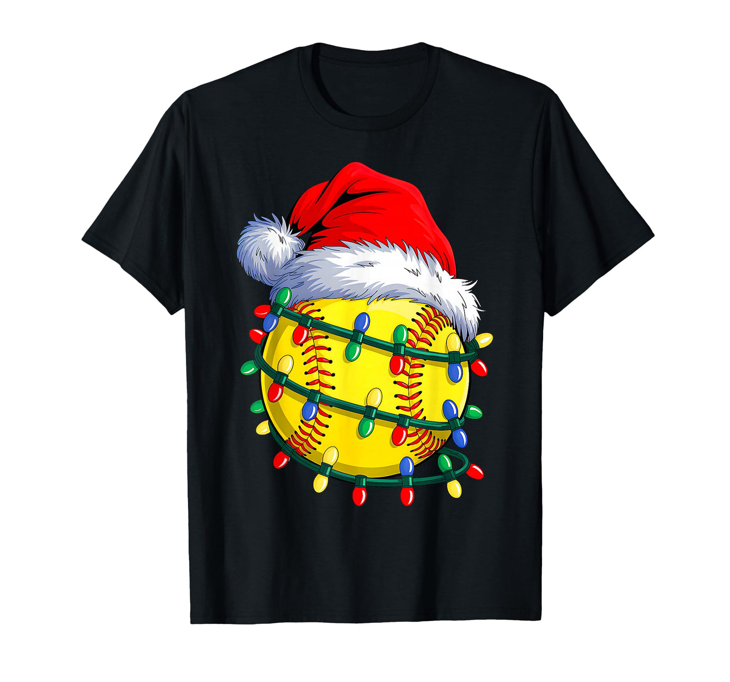 Softball Ball Santa Hat Christmas Softball Xmas Lights T-Shirt