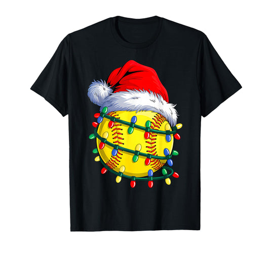 Softball Ball Santa Hat Christmas Softball Xmas Lights T-Shirt