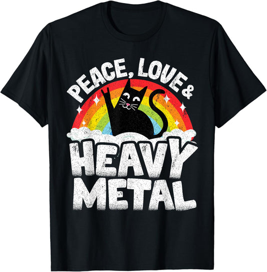 Peace Love & Heavy Metal Cat Kids Punk Band Metal Rainbow T-Shirt