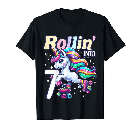 Kids Unicorn Roller Skate 7th Birthday 7 Year Old Party Girls T-Shirt