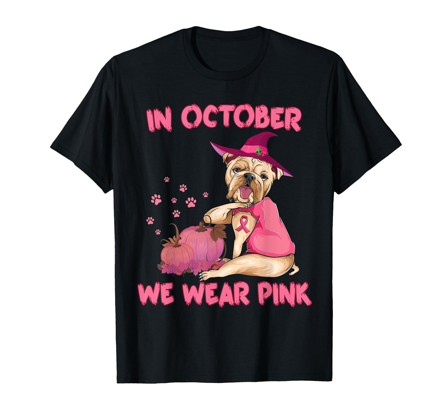 In October We Wear Pink Bulldog Dog Breast Cancer Halloween T-Shirt