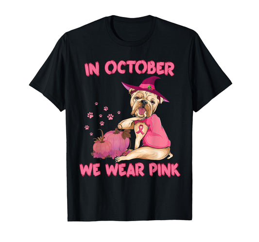 In October We Wear Pink Bulldog Dog Breast Cancer Halloween T-Shirt