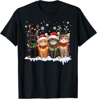 Cat Christmas Light Reindeer Santa Christmas Cat Lover T-Shirt for Men Women Kids