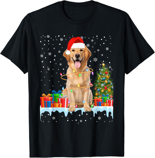 Santa Golden Retriever Dog Christmas Lights Xmas Pajamas T-Shirt
