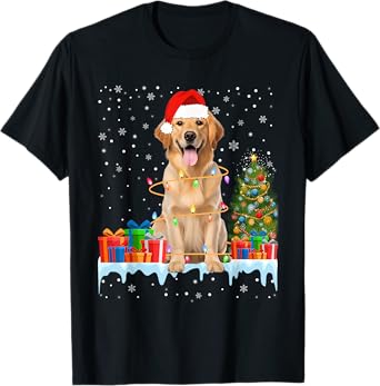 Santa Golden Retriever Dog Christmas Lights Xmas Pajamas Men Women Kids T-Shirt