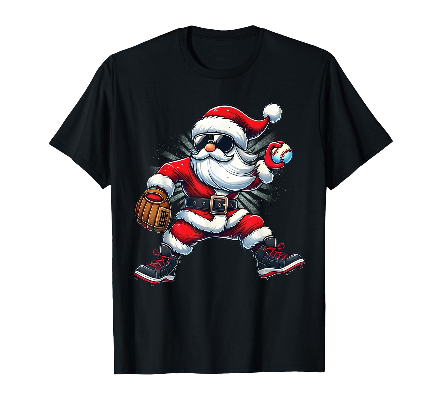 Santa Playing Baseball as Pitcher Boys Kids Teens Christmas T-Shirt