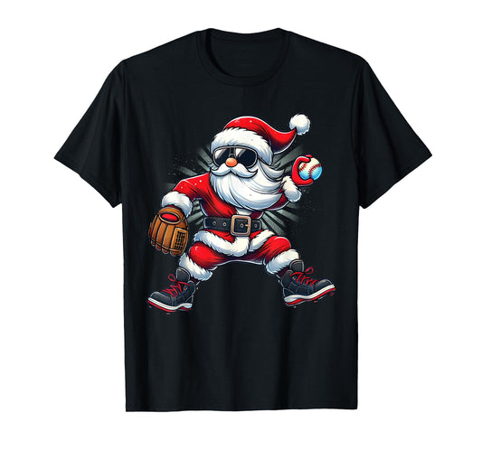 Santa Playing Baseball as Pitcher Boys Kids Teens Christmas T-Shirt