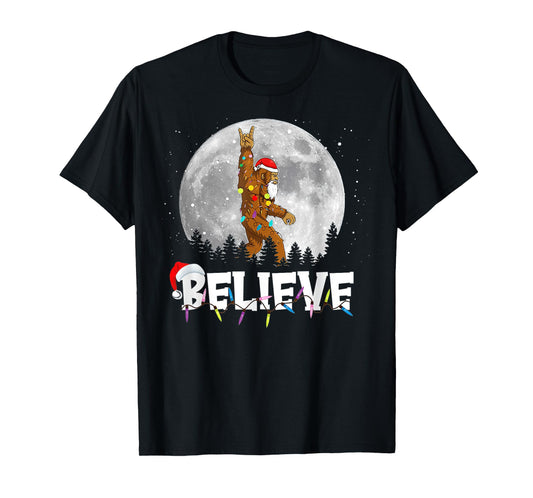 Santa Bigfoot Christmas Light Funny Sasquatch Believe Xmas T-Shirt