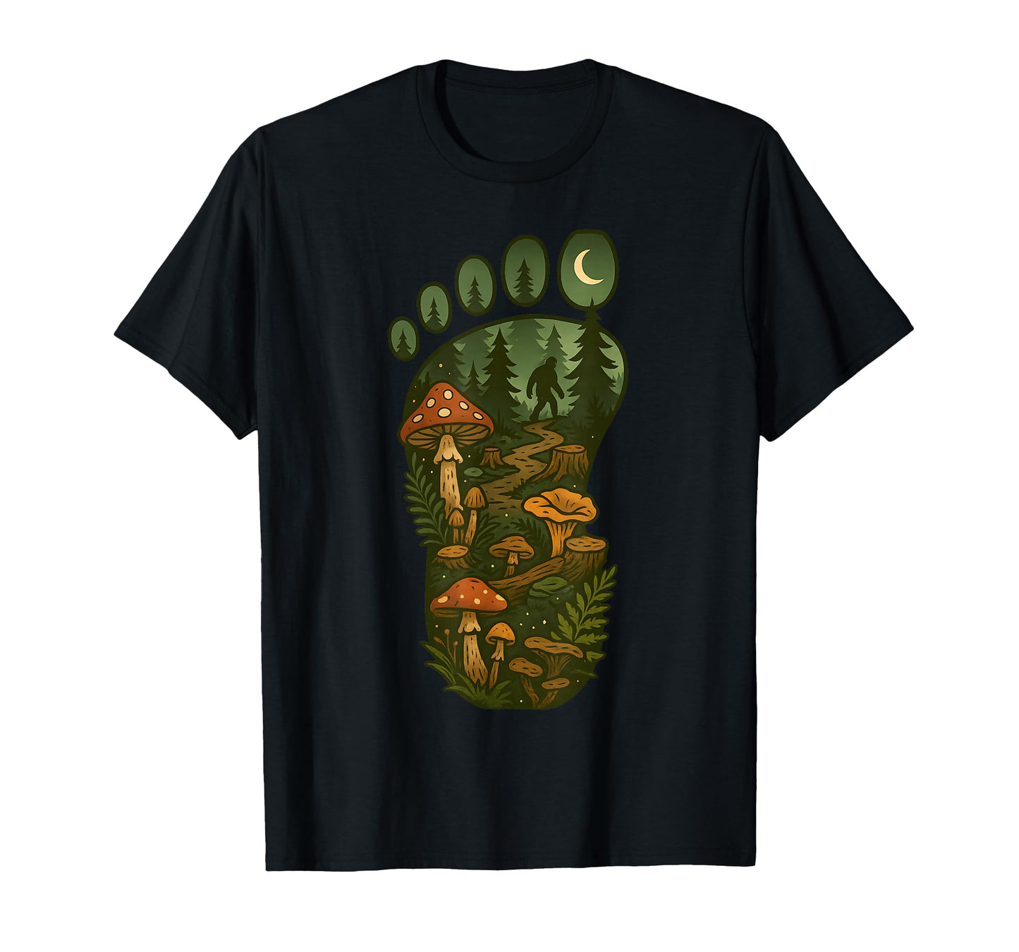 Bigfoot Foot Print Forest Nature Mushroom Sasquatch Cryptid T-Shirt