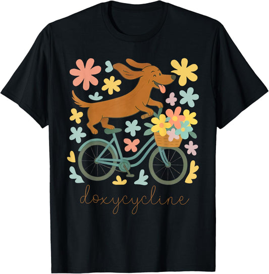 Doxycycline Pharmacy Pun Funny Dachshund on Bicycle Flower T-Shirt