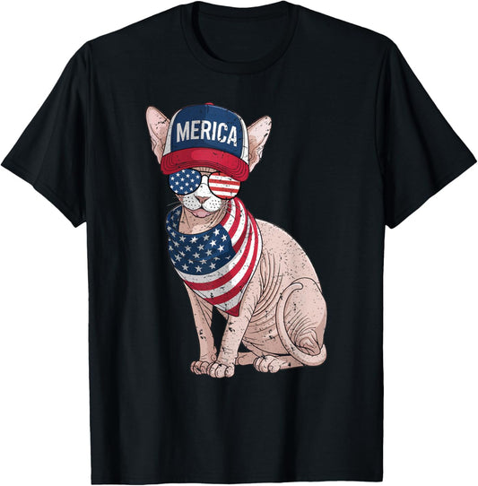 Sphynx Cat 4th of July US American Flag Cat Patriotic T-Shirt