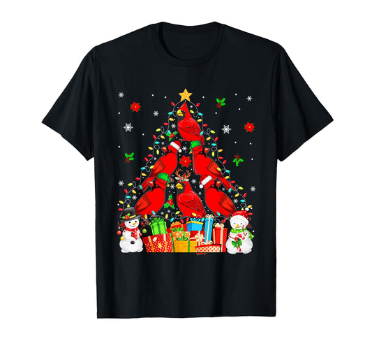 Group Santa Reindeer Elf Cardinal Birds As Xmas Tree Snowmen T-Shirt