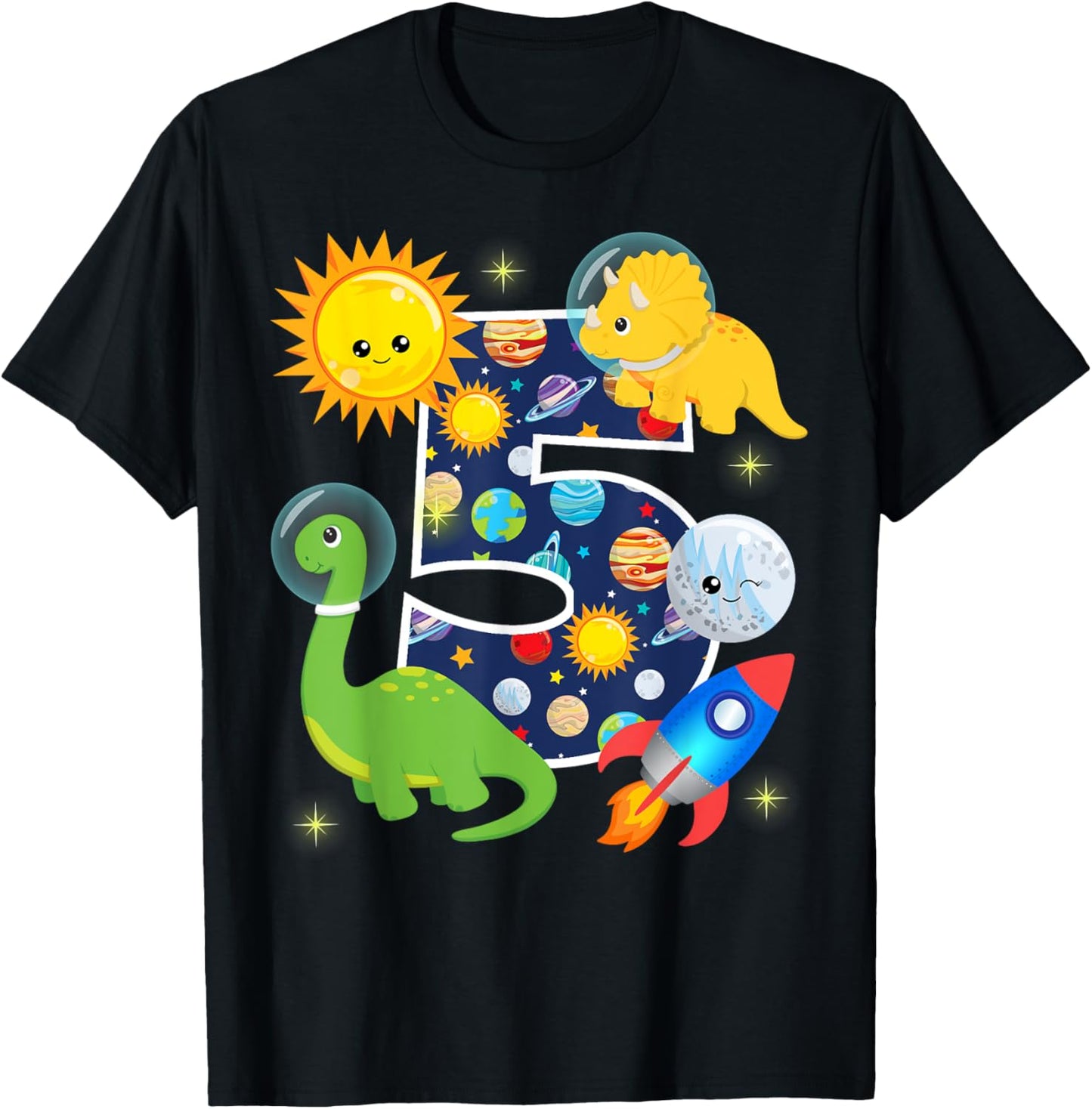 Outer Space 5 Year Old 5th Birthday Party Dinosaurs Boys T-Shirt