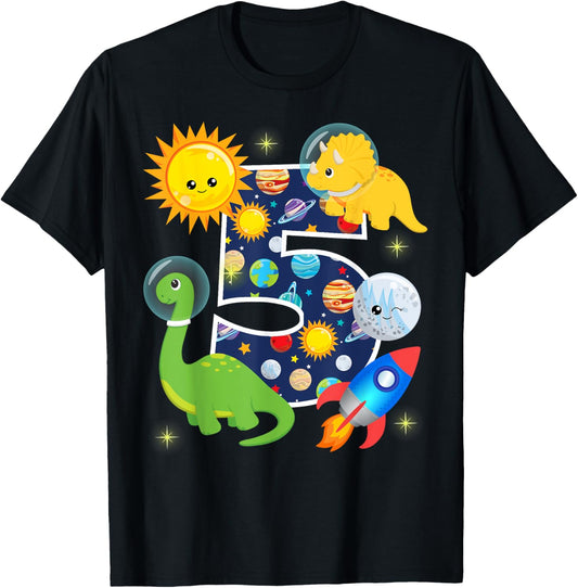 Outer Space 5 Year Old 5th Birthday Party Dinosaurs Boys T-Shirt