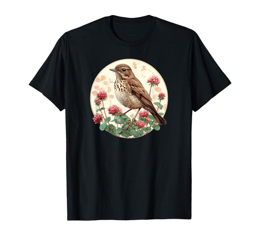 Red Clover Flower - Hermit Thrush Bird T-Shirt