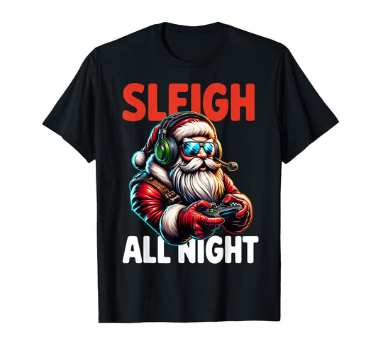 Christmas Gamer Boys Sleigh All Night Video Game Santa Xmas T-Shirt