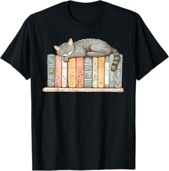 Cute Cat Sleeping On Books Men Women Kids T-Shirt