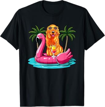 Golden Retriever Sunglasses On Flamingo Cute Float Lover T-Shirt