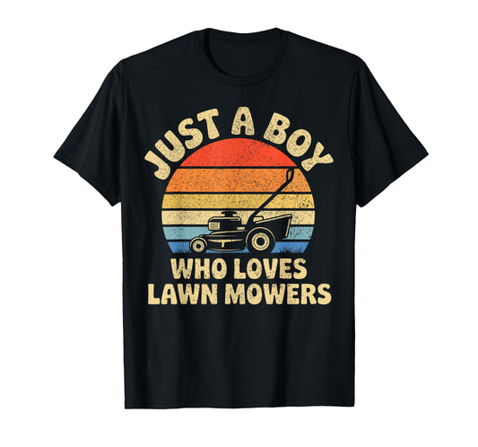 Vintage Lawn Mowing Just a Boy Who Loves Lawn Mowers Funny T-Shirt