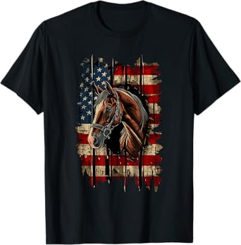 Horse Patriotic Equestrian 4th Of July USA American Flag T-Shirt for Women Men