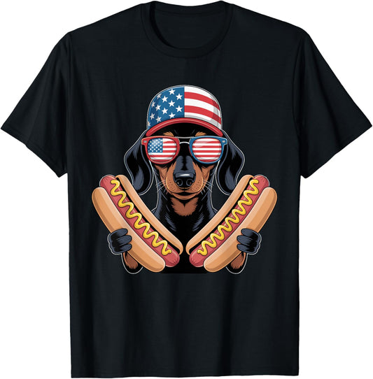 Funny Patriotic Dachshund 4th Of July Hotdog American Flag T-Shirt