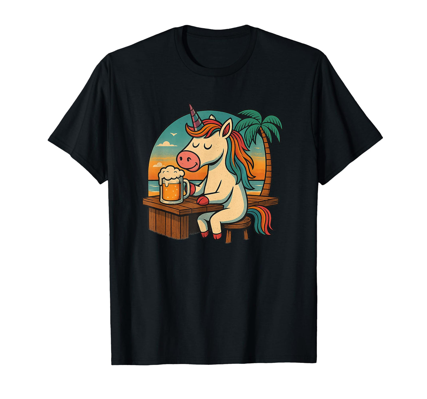 Unicorn with Beer, Relax, Unicorn, Beer, Beach, Sunset, Fun T-Shirt